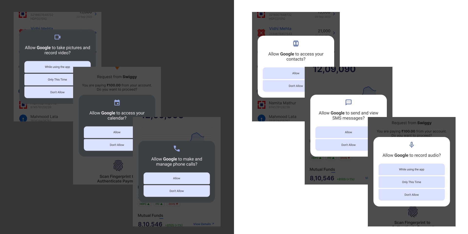 Examples of Android permission pop-ups requesting access to camera, contacts, calendar, calls, SMS, and microphone