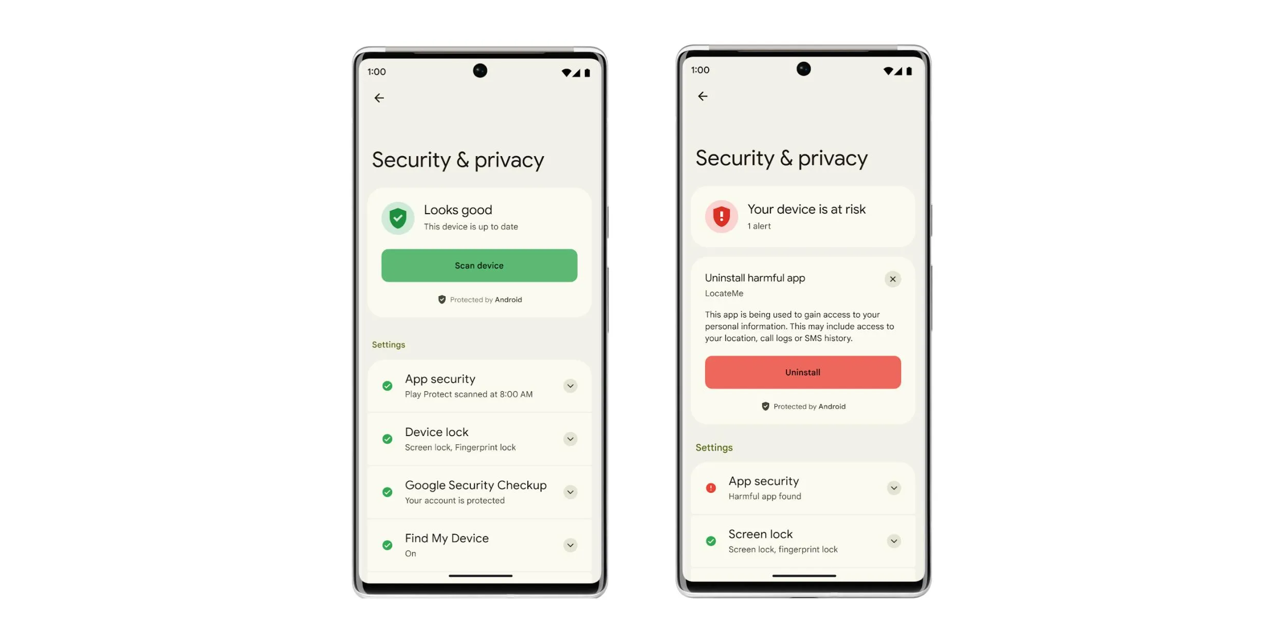 Android Security & Privacy settings screen showing device protection status and harmful app alerts